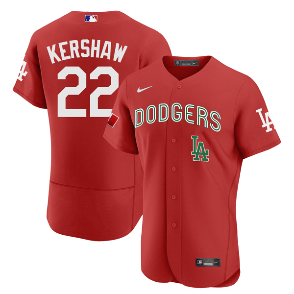 Men's Los Angeles Dodgers #22 Clayton Kershaw 2021 Mexican Heritage Red Flex Base Stitched Baseball Jersey Men's Los Angeles Dodgers #22 Clayton Kershaw 2021 Mexican Heritage Red Flex Base Stitched Baseball Jersey
